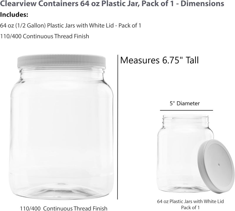 CLEARVIEW CONTAINERS Plastic Storage Jars with Leak Proof Lids, BPA Free, Hand Wash Only (64oz, 1PK White) - Image 2